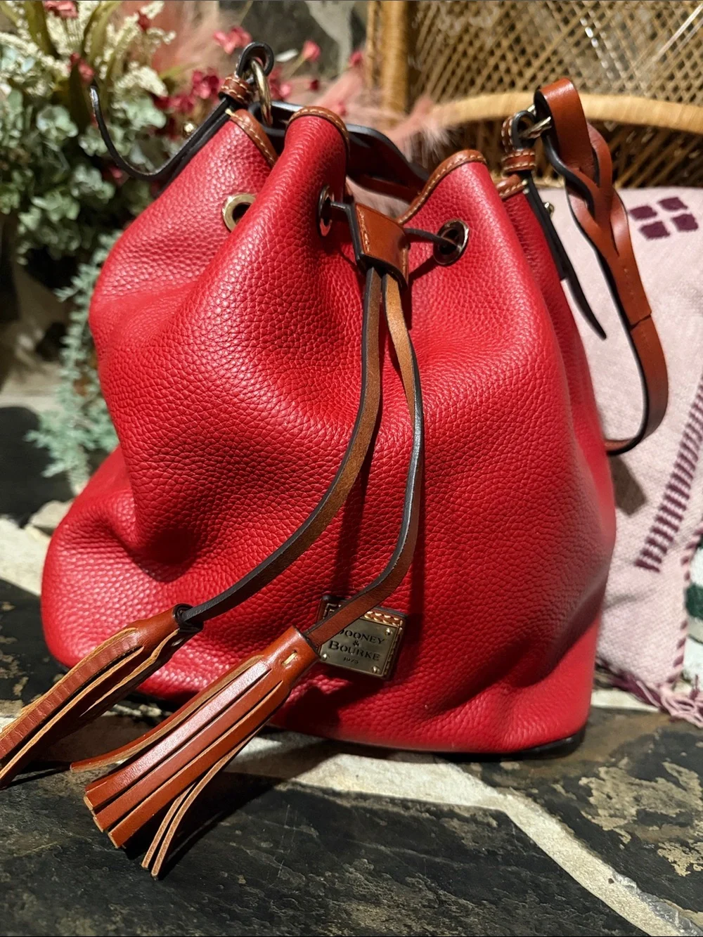 Dooney & Bourke Red Pebbled Leather Drawstring Bucket with Brown Trim